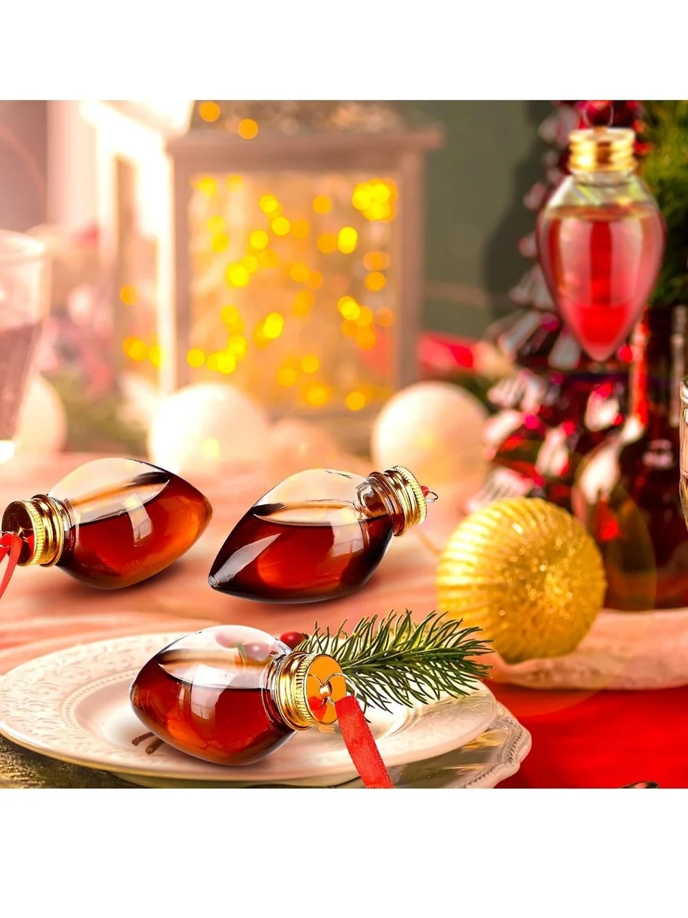 Clear Bulb Ornament Set with Gold Caps and Red Ribbons. 48 Pieces. NWT.